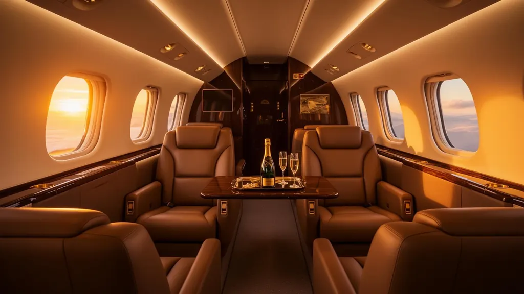 Private jet cabin set for service at golden hour