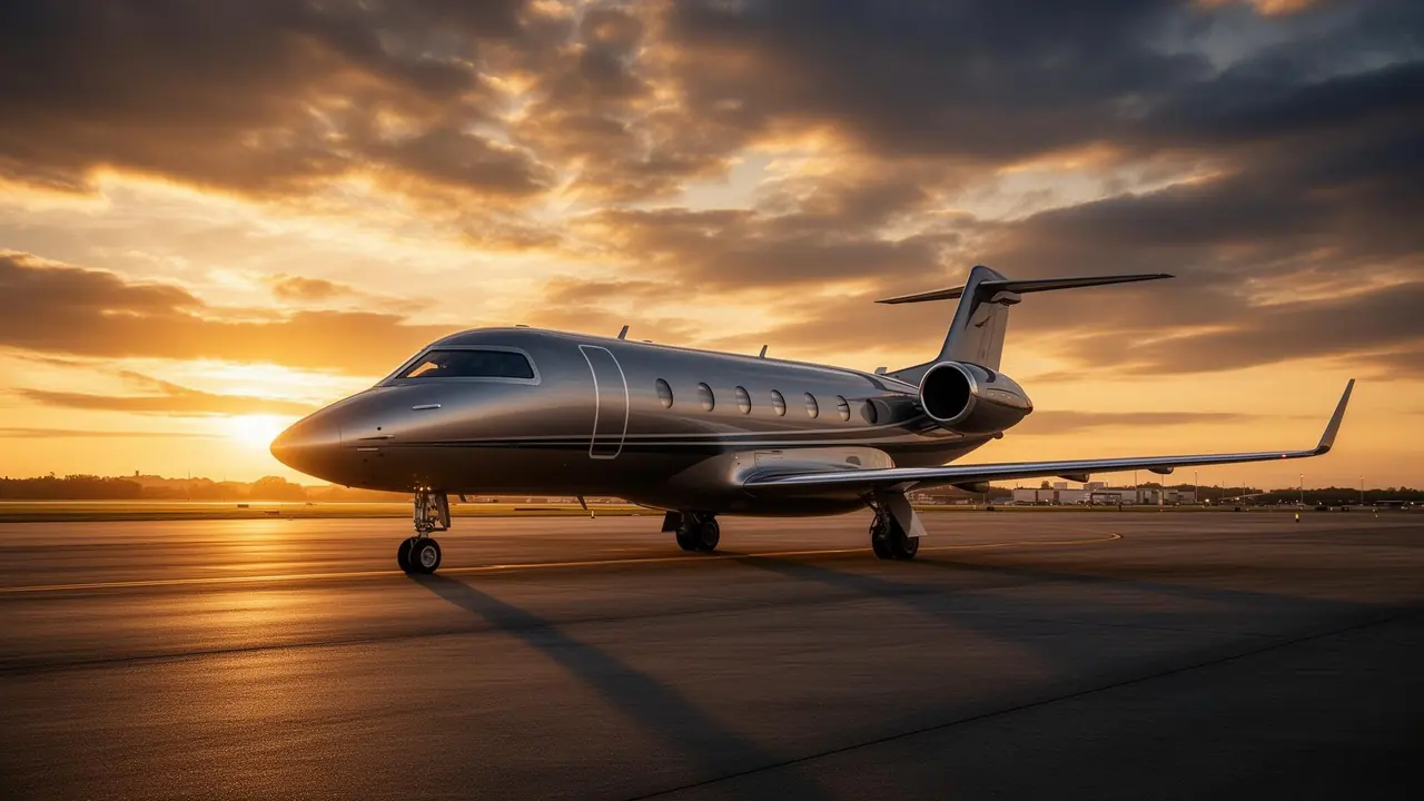 Business jet on the tarmac at sunset